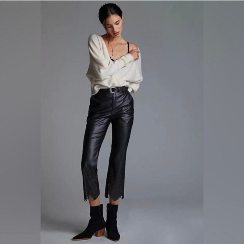 Anthropologie Black Faux Leather Laser Cut Pants | Scalloped Hem | Size 0